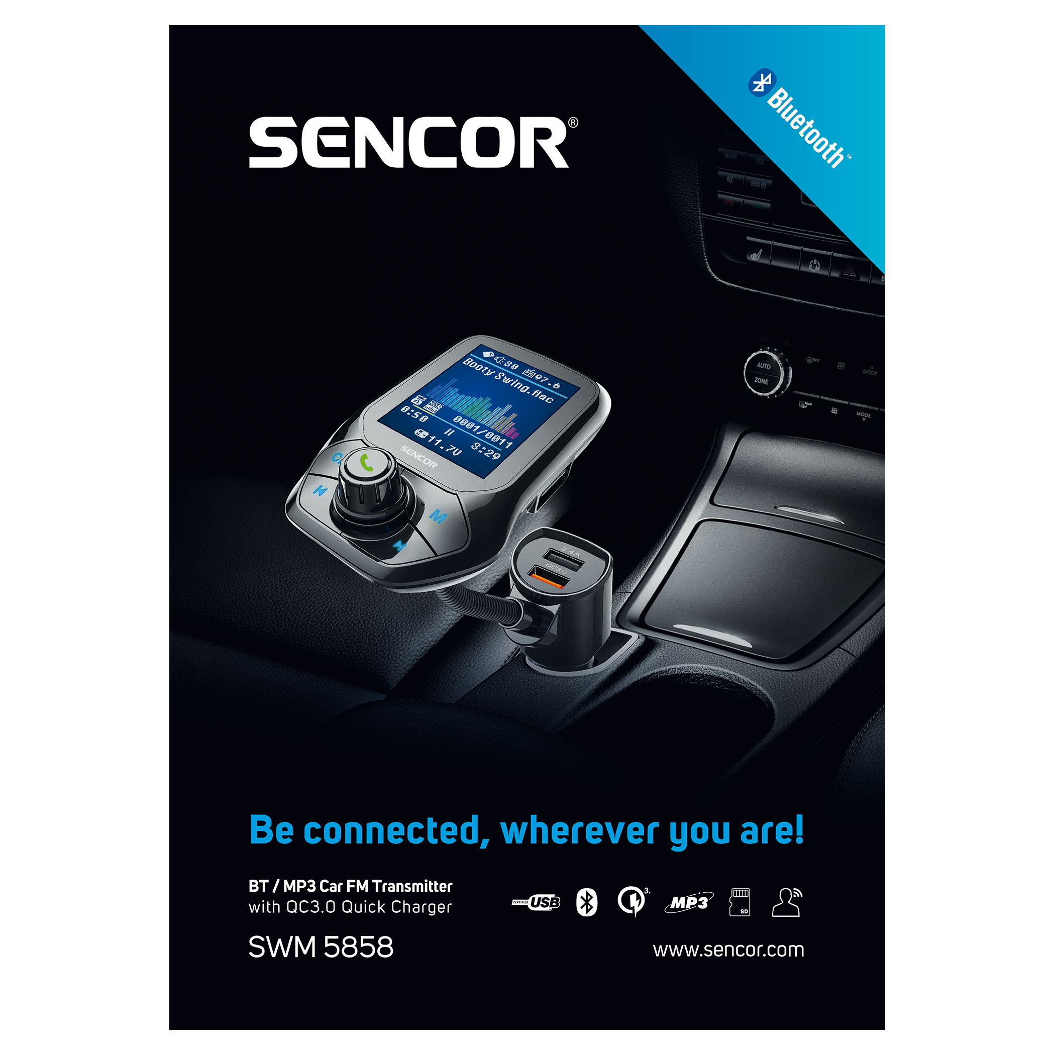 BT / MP3 Car FM Transmitter with QC3.0 Quick Charger SWM 5858 Sencor